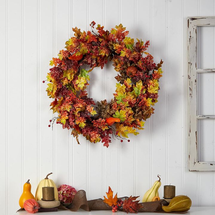 Hivvago 32" Autumn Oak Leaf, Berries and Pumpkin Artificial Autumn Wreath