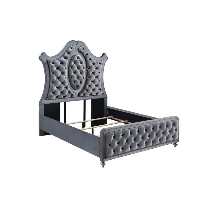 Rall King Size Bed, Curved Wood Headboard, Tufted Gray Fabric Upholstery - Benzara