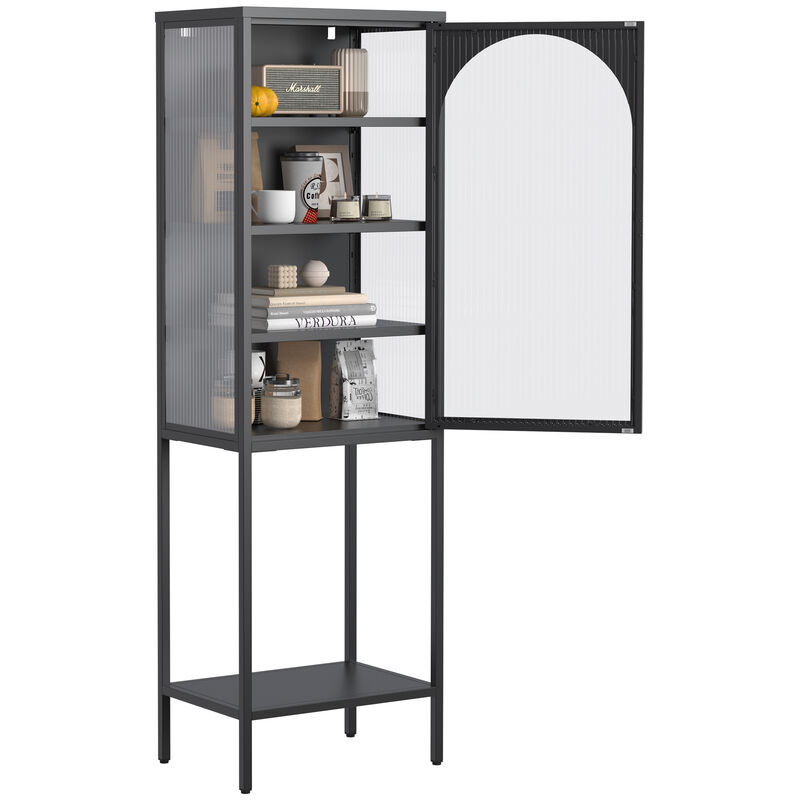 Metal Glass Door Display Storage Cabinet - 5-Tier Cube Bookshelf Storage Cabinet with 3 Adjustable Shelves For kitchen, dining room, living room, bathroom, home office