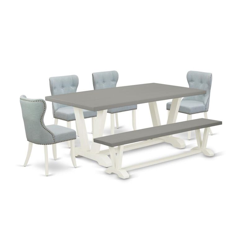 East West Furniture 6-Piece Dining Table Set- 4 Mid Century Dining Chairs with Baby Blue Linen Fabric Seat and Button Tufted Chair Back - Rectangular Top & Wooden Legs Dining Table and Ind