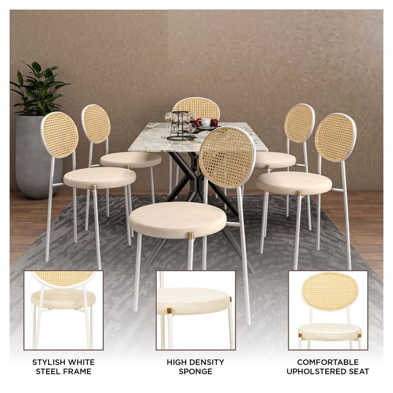 LeisureMod Velvet Dining Chair Rattan Back Side Chair Comfortable Kitchen Chair with Stainless Steel Base Euston Collection