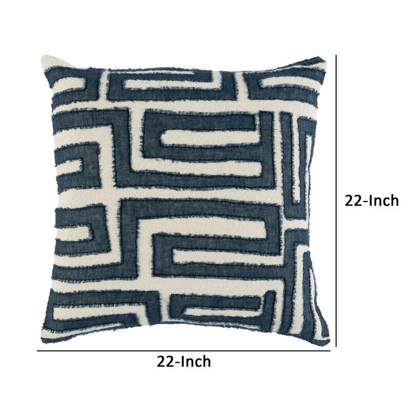 22 Inch Square Accent Throw Pillow, Hand Stitched Applique in Blue, Ivory - Benzara