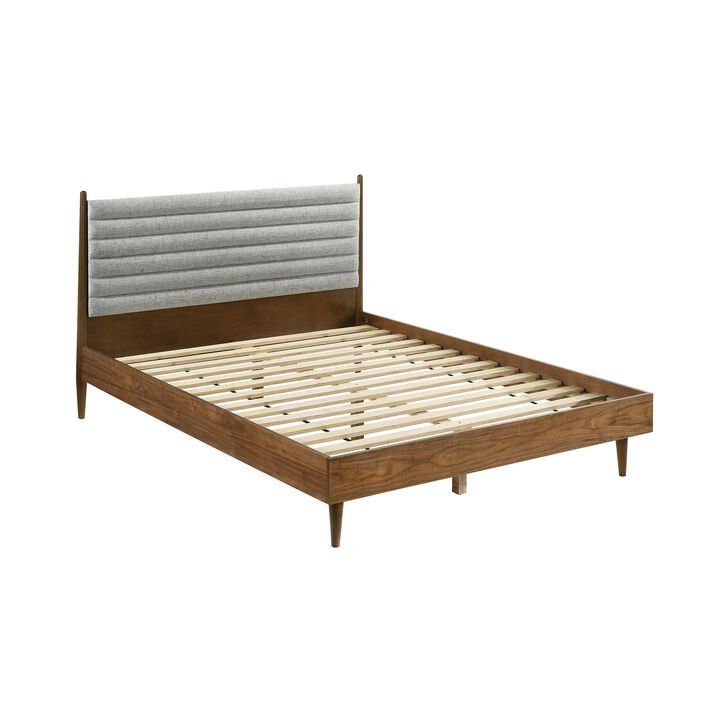 Benjara Mian Queen Platform Bed Frame, Channel Tufted, Walnut, Upholstery, Brown and Gray