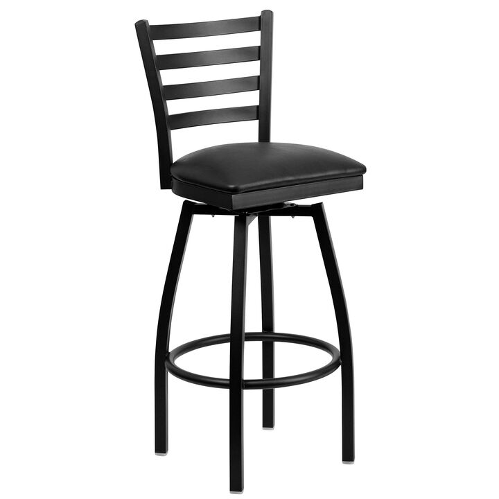 Flash Furniture HERCULES Series Black Ladder Back Swivel Metal Barstool - Black Vinyl Seat