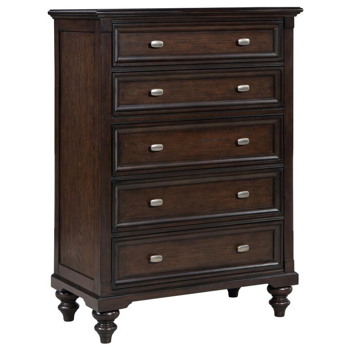 Meon Tall Dresser Chest w 5 Drawers, Carved Bun Feet, Dark Oak Brown - Benzara