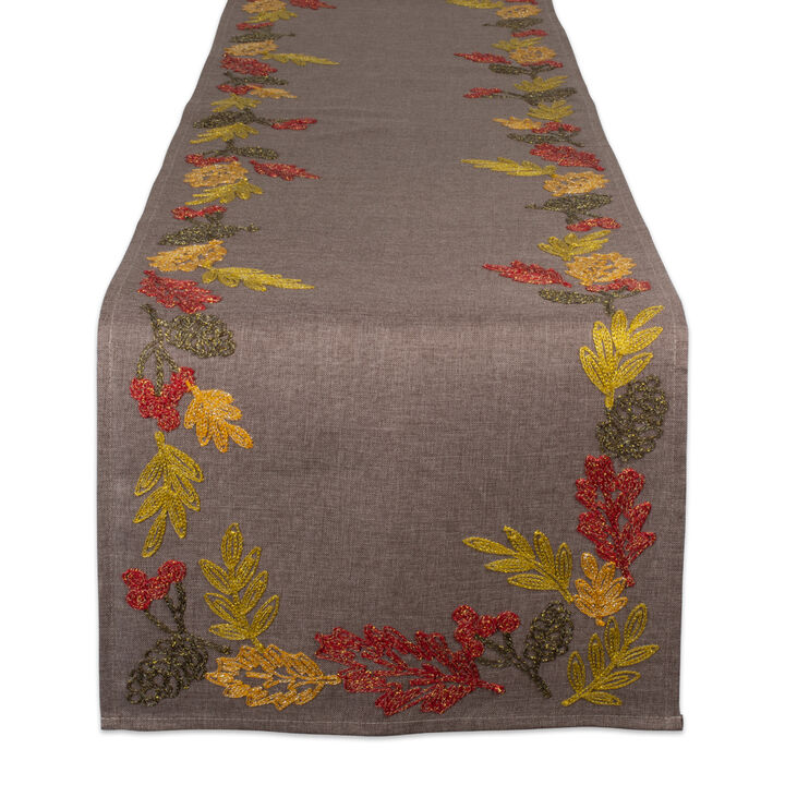 108" Brown Shimmering Leaves Embroidered Table Runner