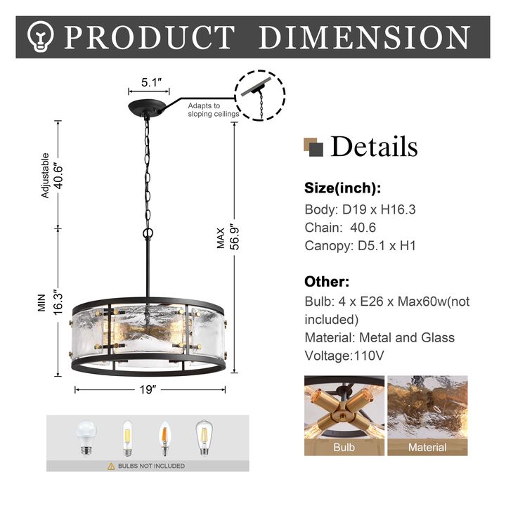 Emma Black 5-light Water Textured Glass Drum Pendant Chandelier