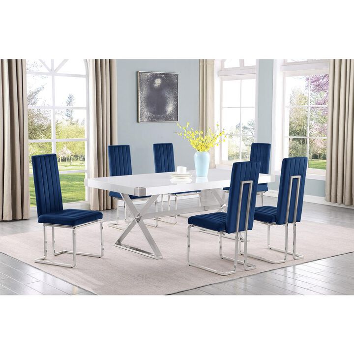 Best Quality Furniture 7pc Small(78) white wood top dining set with silver base and 6 Navy side chiars