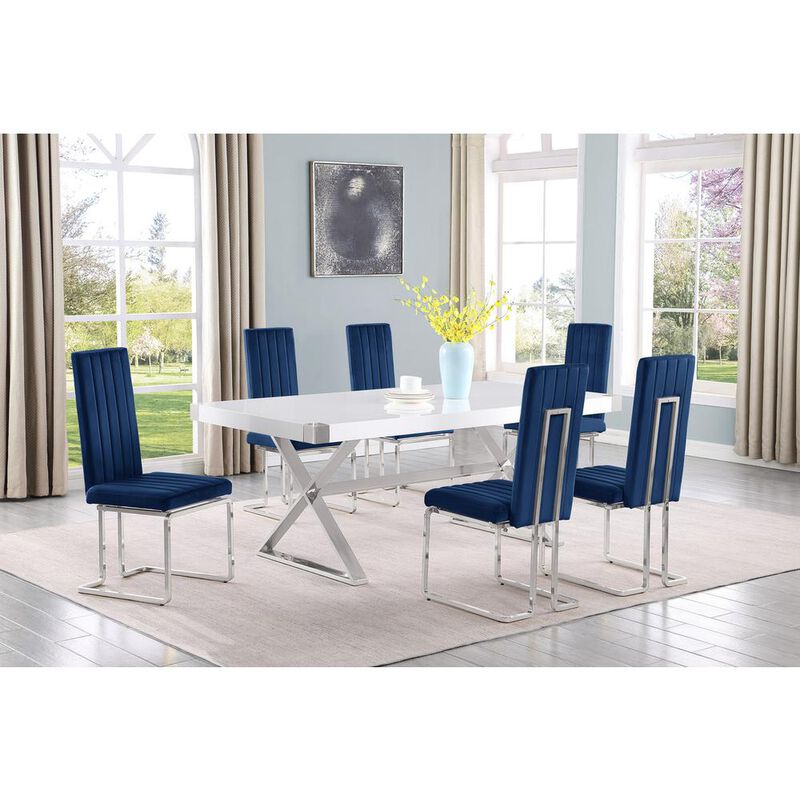 Best Quality Furniture 7pc Small(78) white wood top dining set with silver base and 6 Navy side chiars