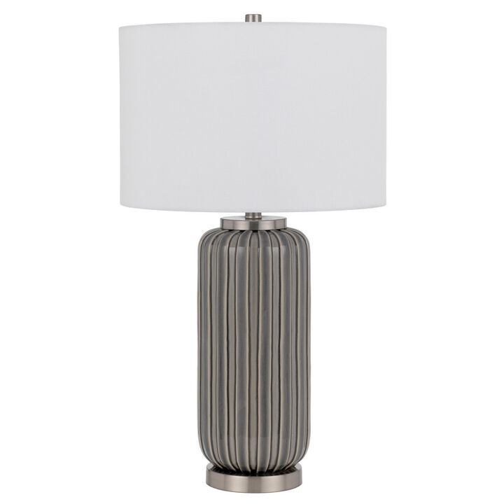29 Inch Ceramic Curved Table Lamp with Stripes, Dimmer, Gray-Benzara