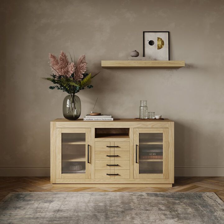 Jofran 50 Contemporary Media Console with Tempered Glass Doors, Drawers and Shelves