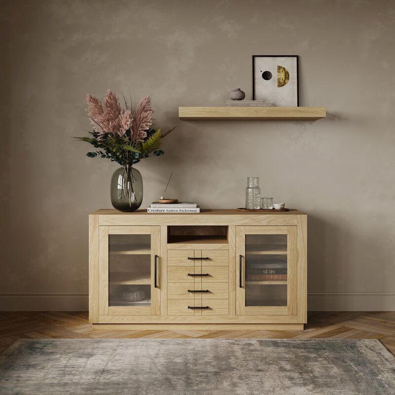 Jofran 50 Contemporary Media Console with Tempered Glass Doors, Drawers and Shelves