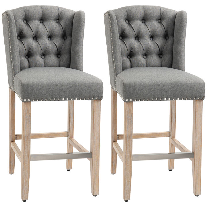 HOMCOM Counter Height Bar Stools Set of 2, Upholstered 26.75" Seat Height Barstools, Breakfast Chairs with Nailhead-Trim, Tufted Back and Wood Legs, Beige