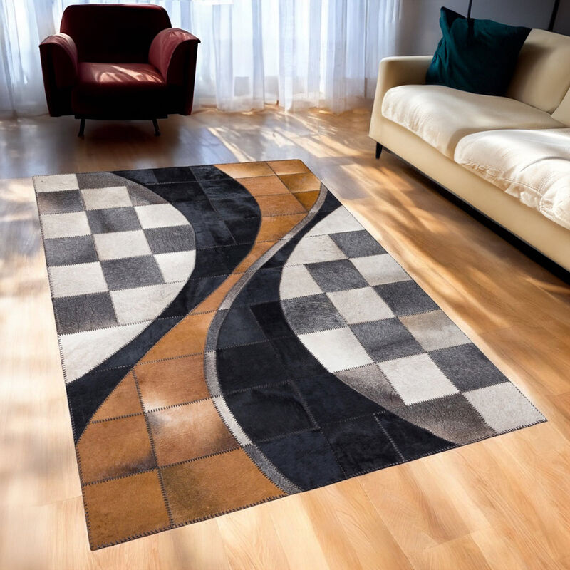Beige and Gray Cowhide Geometric Patchwork Rug image number 3
