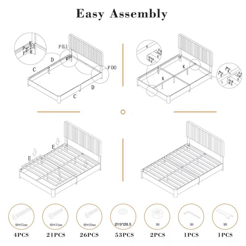 Vipbear Beige Velvet Upholstered Platform Bed Frame with Headboard, Wood Slat Support, Easy Assembly image number 7
