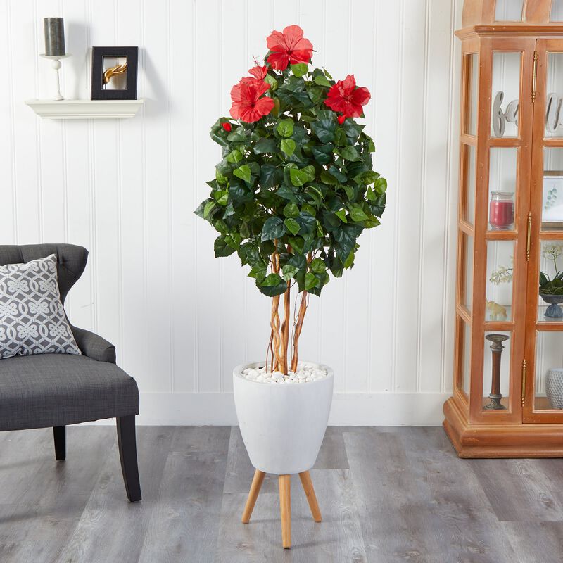 Hivvago 58 Inches Hibiscus Artificial Tree in White Planter with Stand