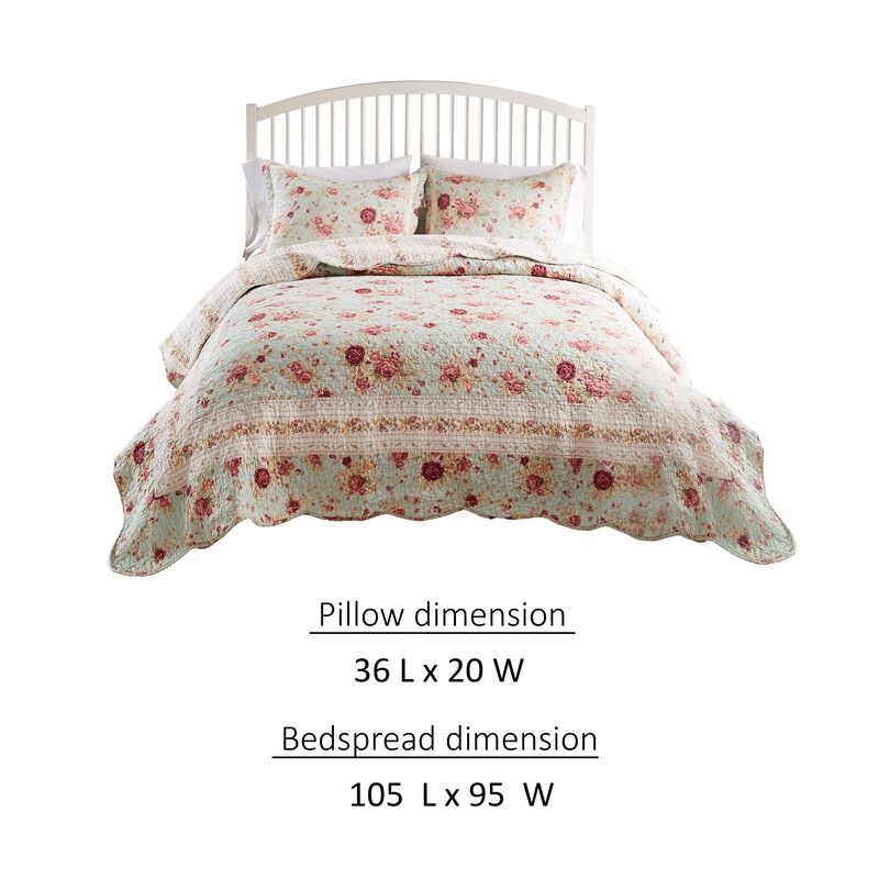 Rosle 3pc King Size Bedspread Set, 2 Shams, Rose Print, Soft Blue Cotton - Benzara