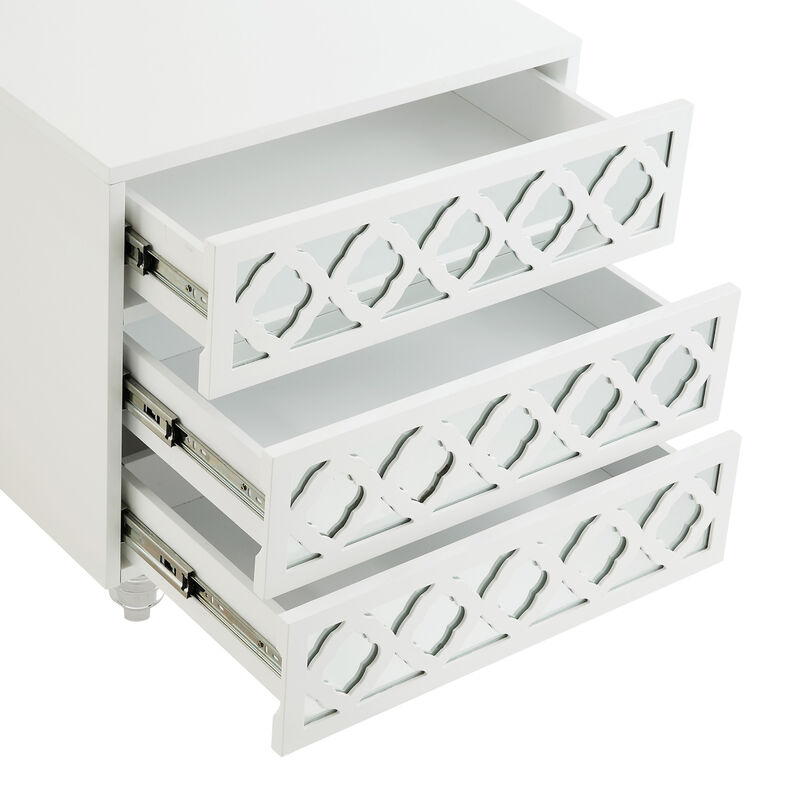 HomeRoots 24" Light Gray And Mirrored Glass Wood Cutwork End Table With Three Drawers image number 3