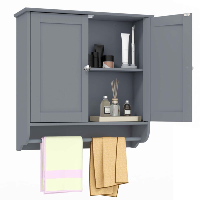 Costway Wall Mounted Bathroom Medicine Cabinet Storage Cupboard with Towel Bar Grey image number 1
