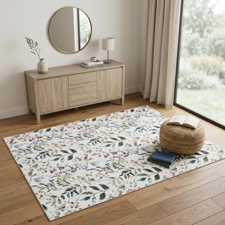 HomeRoots Floral Power Loom Washable Non Skid Area Rug