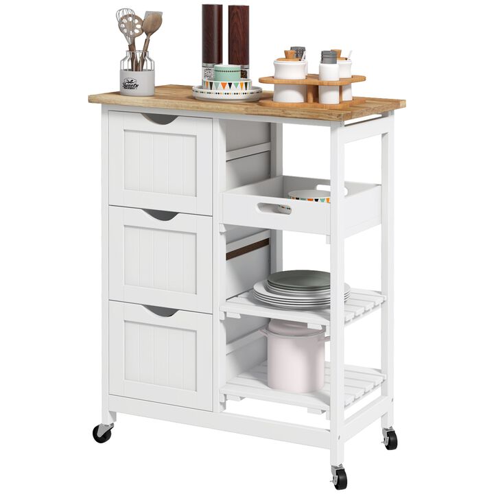 Rolling Kitchen Cart, Kitchen Island with Wood Top, Shelves & Drawers for Dining Area, White