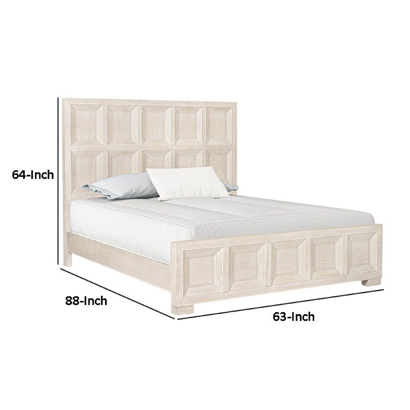 Kizie Queen Size Bed, Modern Classic Recessed Panels, Beige Solid Wood - Benzara