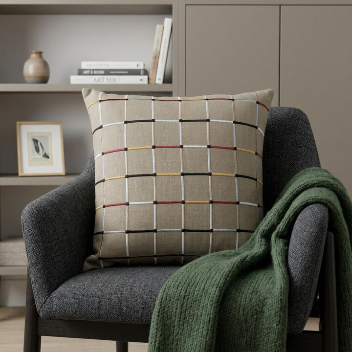 HomeRoots 24" Beige Check Cotton Blend Throw Pillow With Embroidery