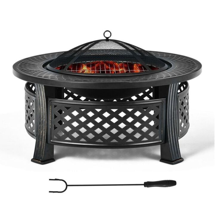 QuikFurn Rustic Steel Outdoor Fire Pit with BBQ Grill with Poker and Mesh Cover