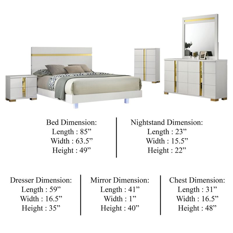 Yoki 5pc Queen Bedroom Set w Underbed LED, White and Gold, Tall Dresser image number 5