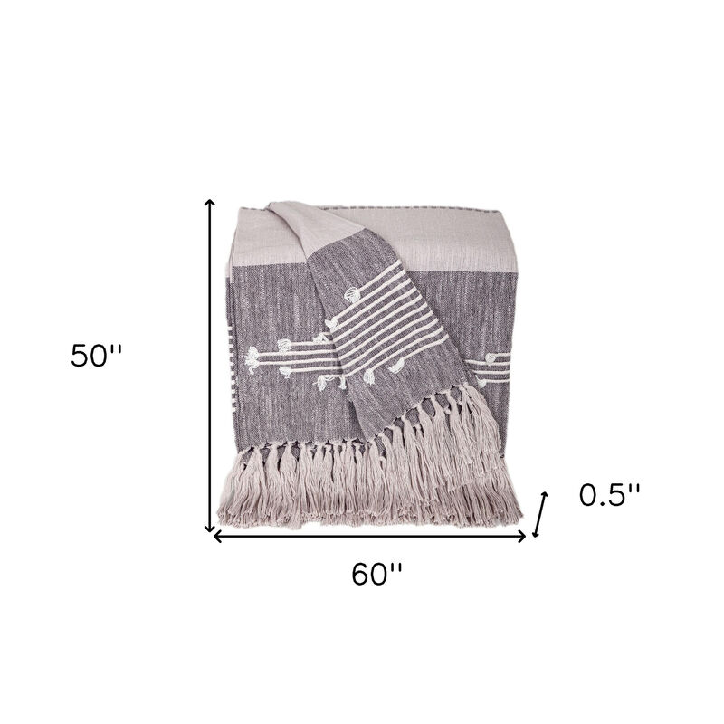 HomeRoots 50" X 60" Gray Woven Cotton Striped Throw Blanket with Tassels and Embroidery image number 5