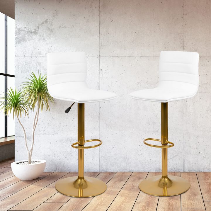 Flash Furniture Vincent Modern Vinyl Height Adjustable Bar Stools, Stylish Counter or Bar Height Swivel Stools with Footrests, Set of 2, White/Gold
