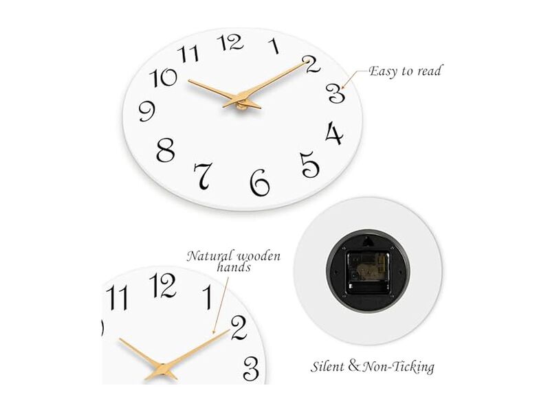 White Wall Clock 14 Inch Silent Non Ticking Modern Battery Operated image number 3