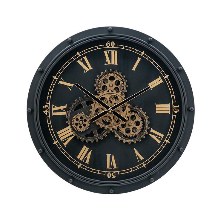 HomeRoots 20" Circle Black and Gold Metal and Glass Analog Wall Clock