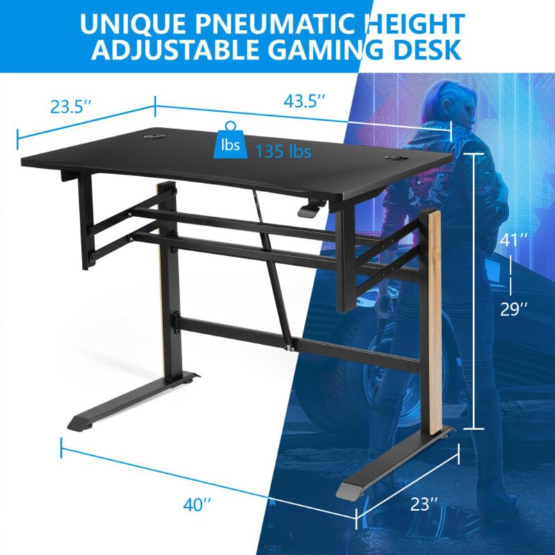 Hivvago Pneumatic Height Adjustable Gaming Desk T Shaped Game Station with Power Strip Tray-Black