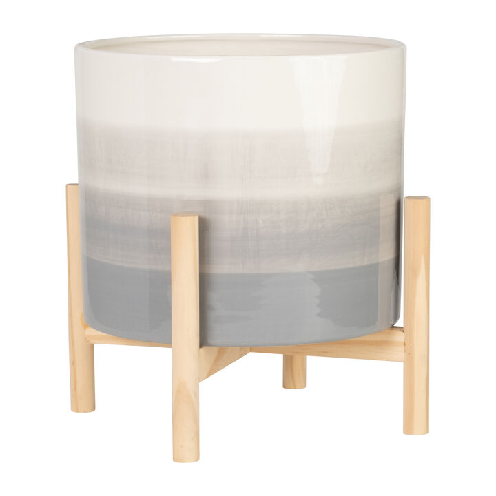 12" Ceramic Planter W/ Wood Stand, Beige Mix