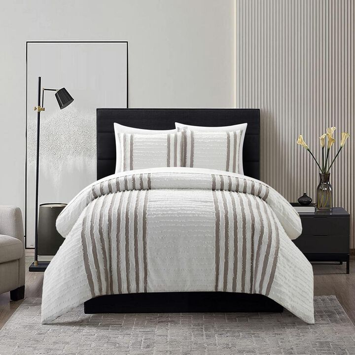 Chic Home Salma Cotton Duvet Cover Set Clip Jacquard Striped Pattern Design Bedding - Decorative Pillow Shams Included - 3 Piece - King 104x96", Beige