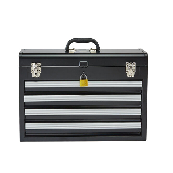 Portable Metal Tool Box with 4 Drawers, Locking Chest with EVA Liner and Ball Slides-Black