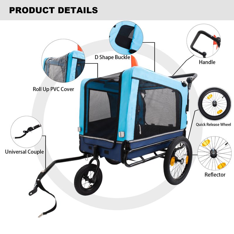 88LB Capacity Blue Pet 2-in-1 Bike Trailer & Push Cart &ndash; All-Terrain Safe Ride image number 3