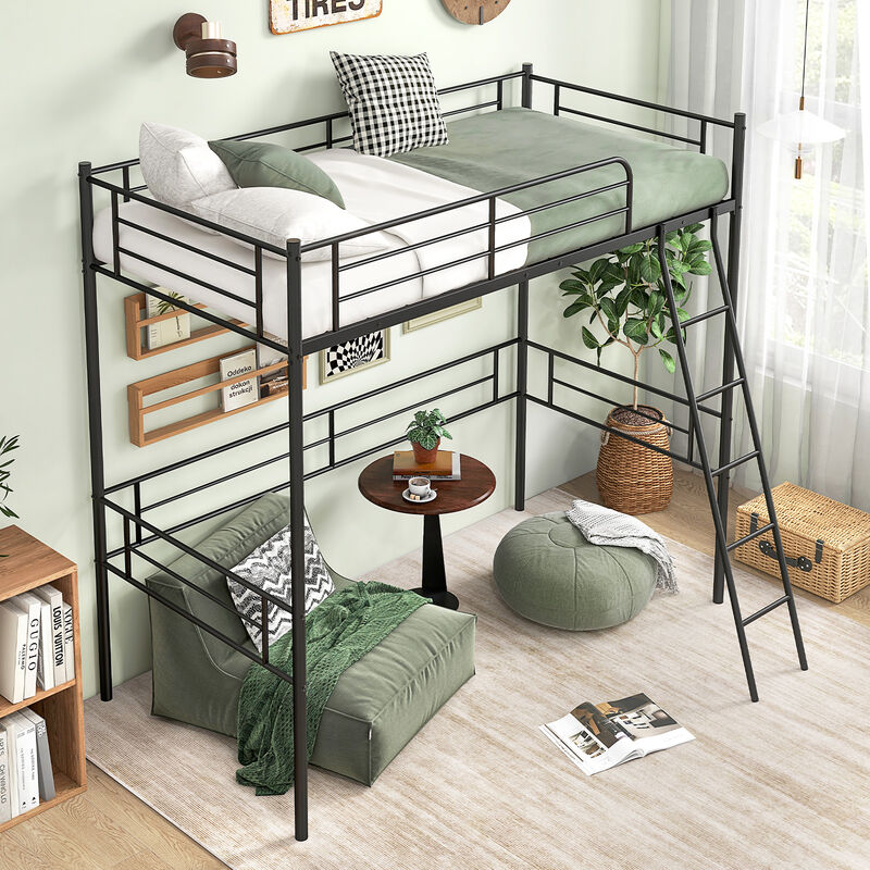 Loft Bed Metal Bed Frame with Ladder and Guardrails