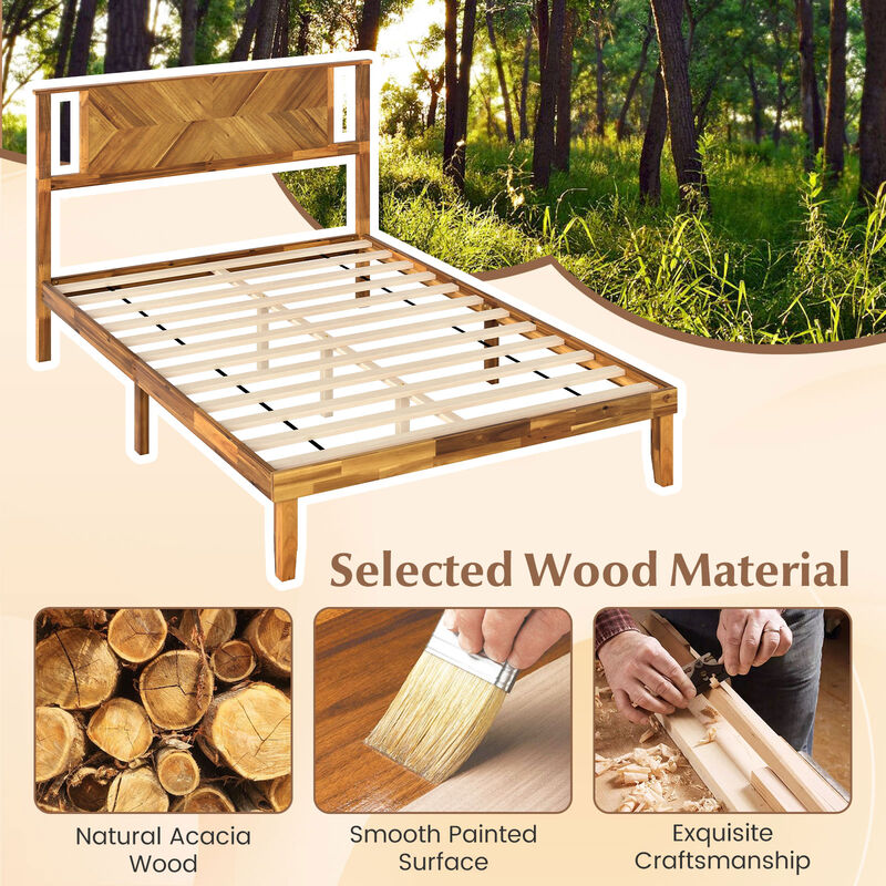 Acacia Wood Platform Bed Frame with Headboard, Mid-Century Style image number 4