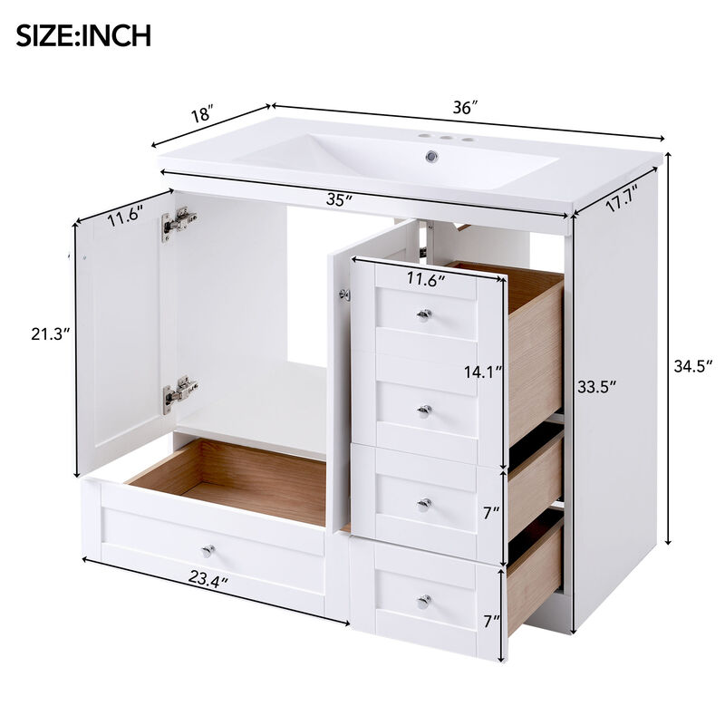 Whisen Shaker Style Free-Standing Bathroom Vanity Cabinet with Ceramic Sink, 4 Soft-close Drawers and 2 Soft-close doors