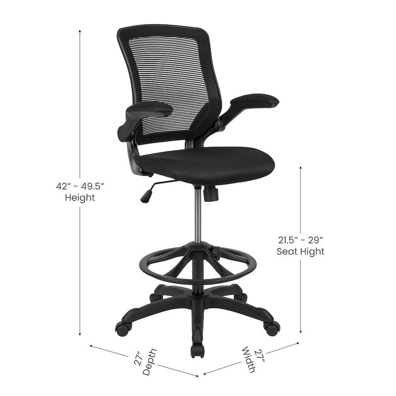 Flash Furniture Mid-Back Black Mesh Drafting Chair with Adjustable Foot Ring and Flip-Up Arms image number 3