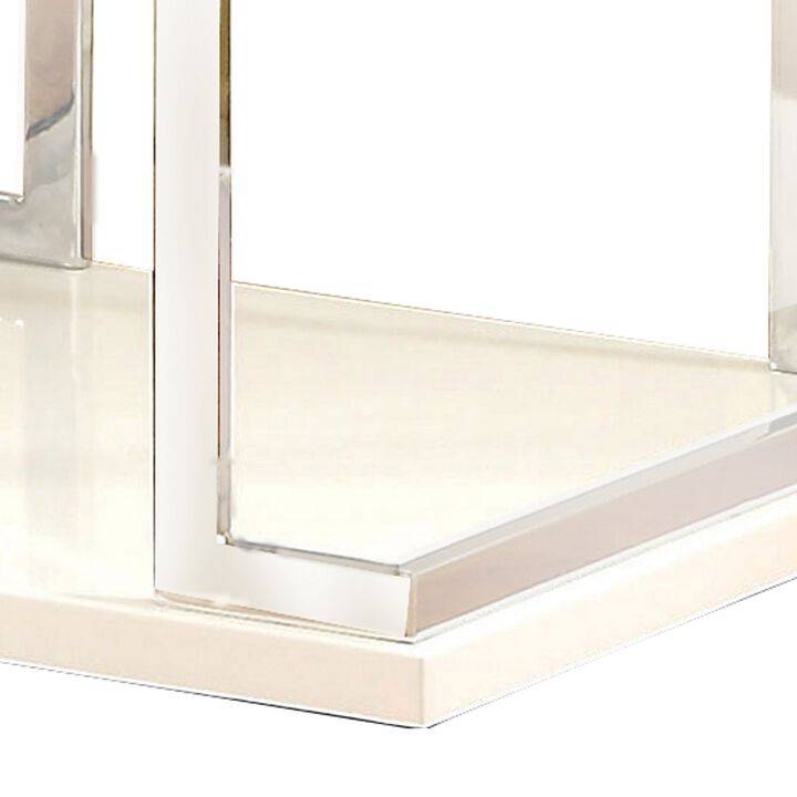 Contemporary End Table with C Shaped Metal Frame, Silver and White-Benzara