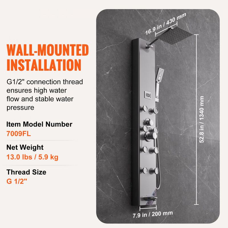 Digital Shower Panel with 5 Modes, Massage Jets, Rainfall, Handheld & Tub Spout-Silver image number 2