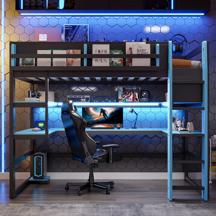 Merax Gaming Wood Loft Bed with RGB LED, USB Ports & Storage Rack