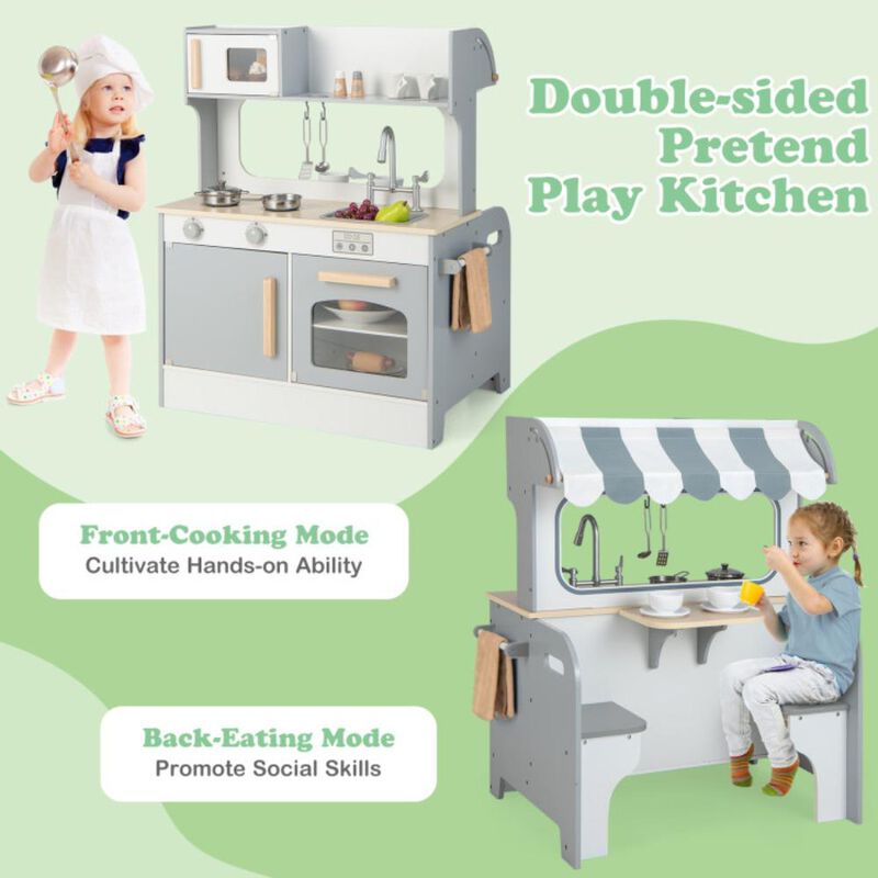 Hivvago Double Sided Kids Pretend Kitchen Playset with 2-Seat Cafe