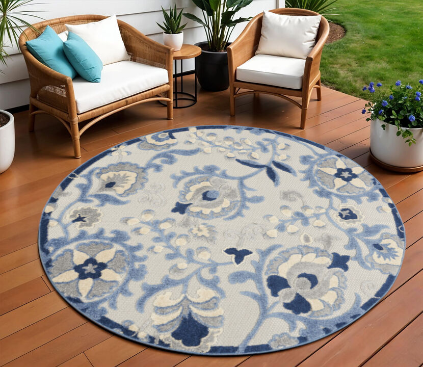 HomeRoots 8' Blue And Gray Round Floral Indoor Outdoor Area Rug
