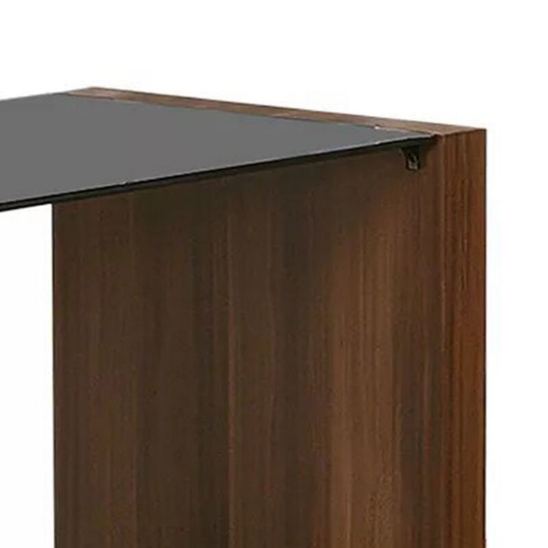 Bere 24 Inch Side End Table, Black Glass Top, Open Bottom Shelf, Brown Wood - Benzara