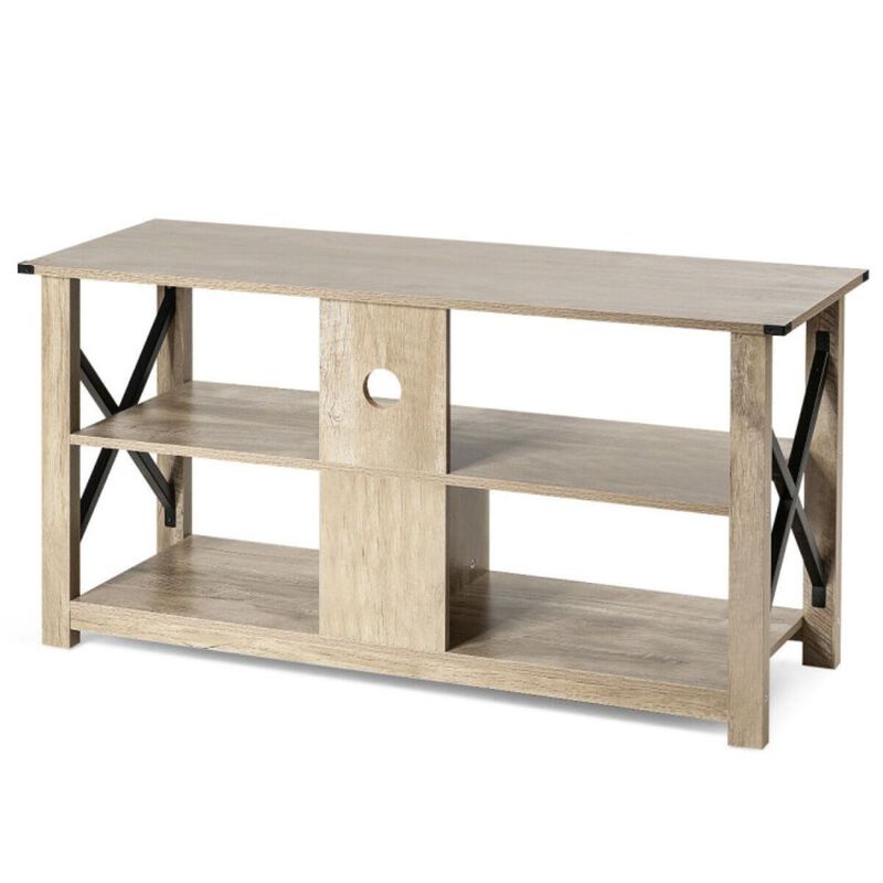 3 Tier Wood TV Stand with Open Shelves and X-Shaped Frame