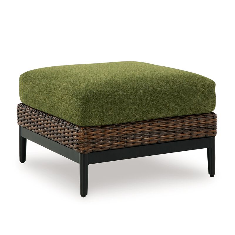 Izon Outdoor Ottoman, Brown Woven Wicker, Green Polyester, 28 Inch - Benzara